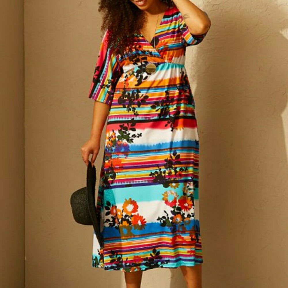 Blue & Sunset Stripe Flutter-Sleeve Maxi Dress